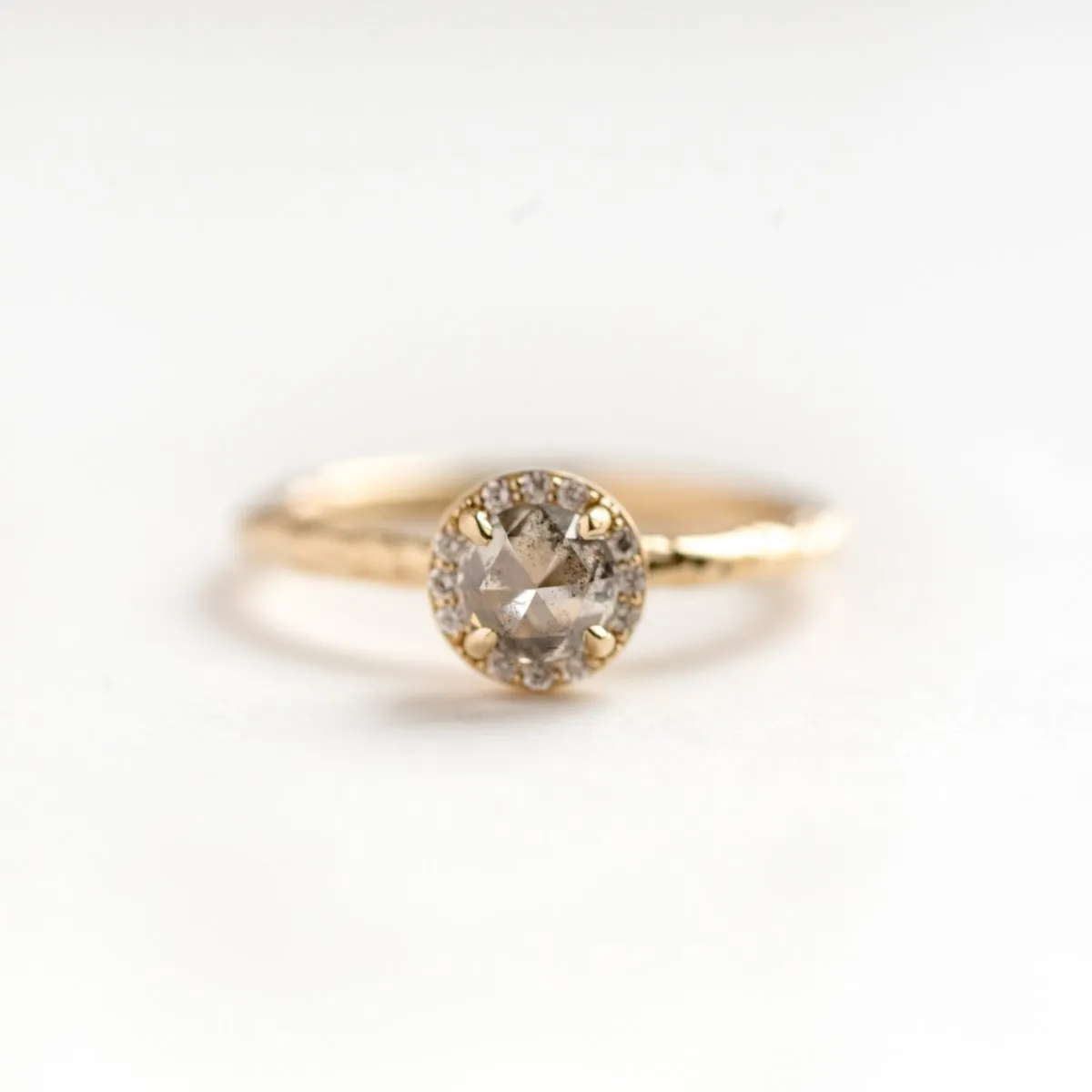 0.67ct Silver Grey Rosecut Diamond in Yellow Gold Diamond Halo - Salt and Pepper Diamond - Hand Carved Eclectic Band