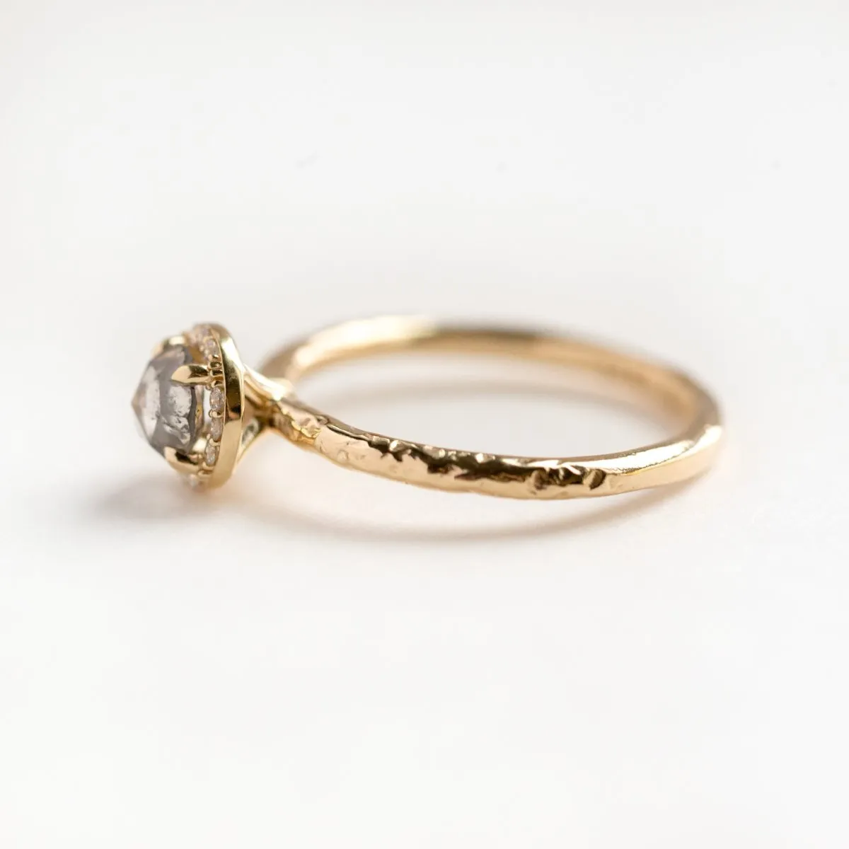 0.67ct Silver Grey Rosecut Diamond in Yellow Gold Diamond Halo - Salt and Pepper Diamond - Hand Carved Eclectic Band