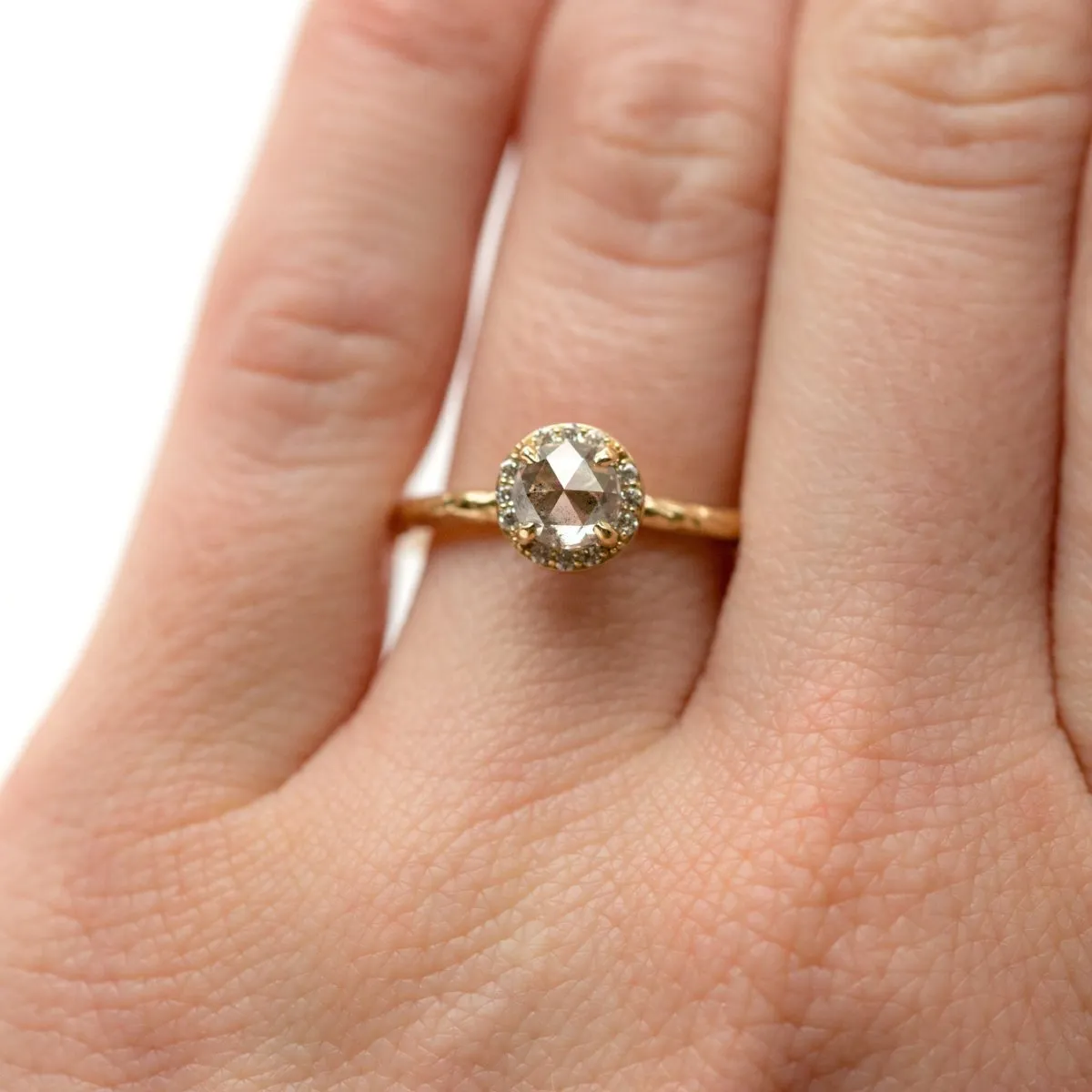 0.67ct Silver Grey Rosecut Diamond in Yellow Gold Diamond Halo - Salt and Pepper Diamond - Hand Carved Eclectic Band