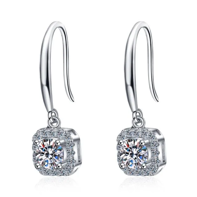 1 carat Moissanite 925 Sterling Silver Drop 14K White Gold Plated Lab Diamond Earrings