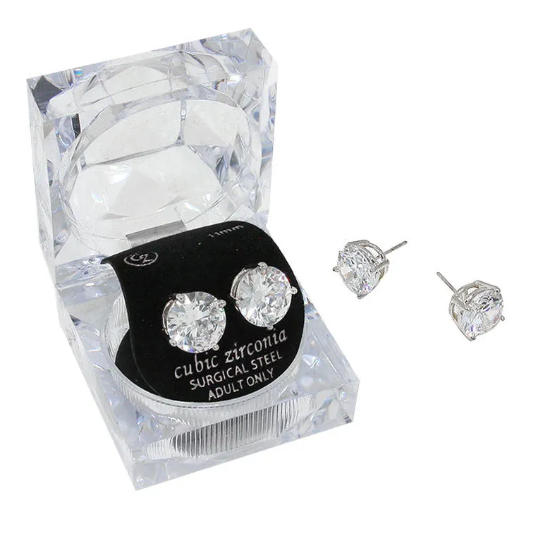 11mm Round Cut Crystal Cubic Zirconia CZ Earrings Clear Box