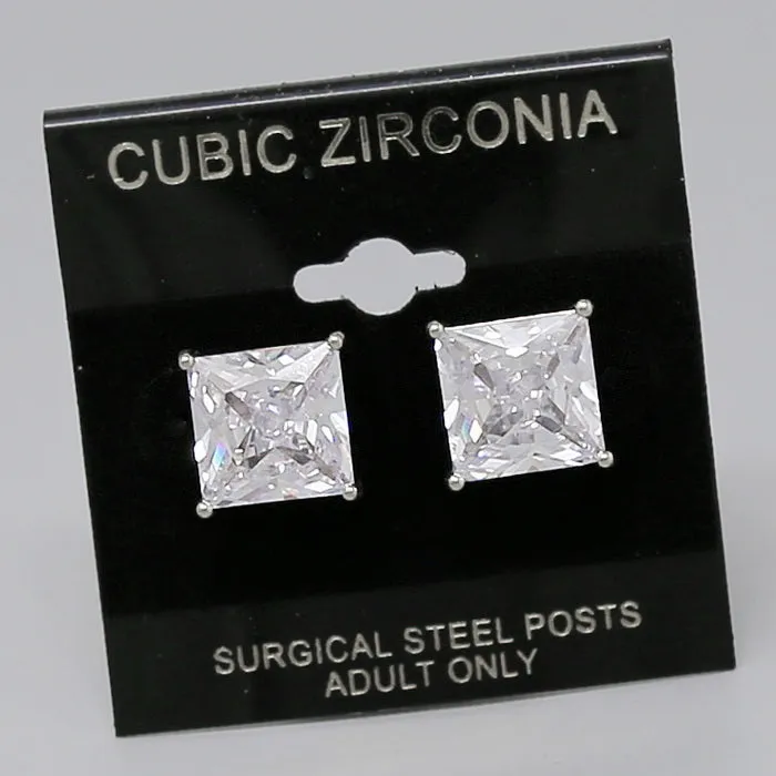 12 MM Square Cubic Zirconia Stud Earrings