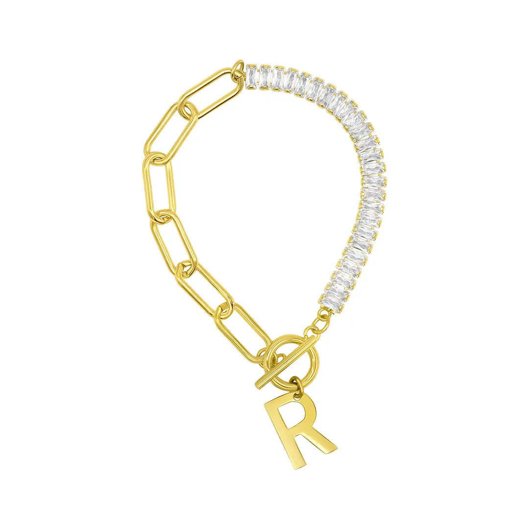 14 Gold Plated Half Crystal And Half Paperclip Initial Toggle Bracelet