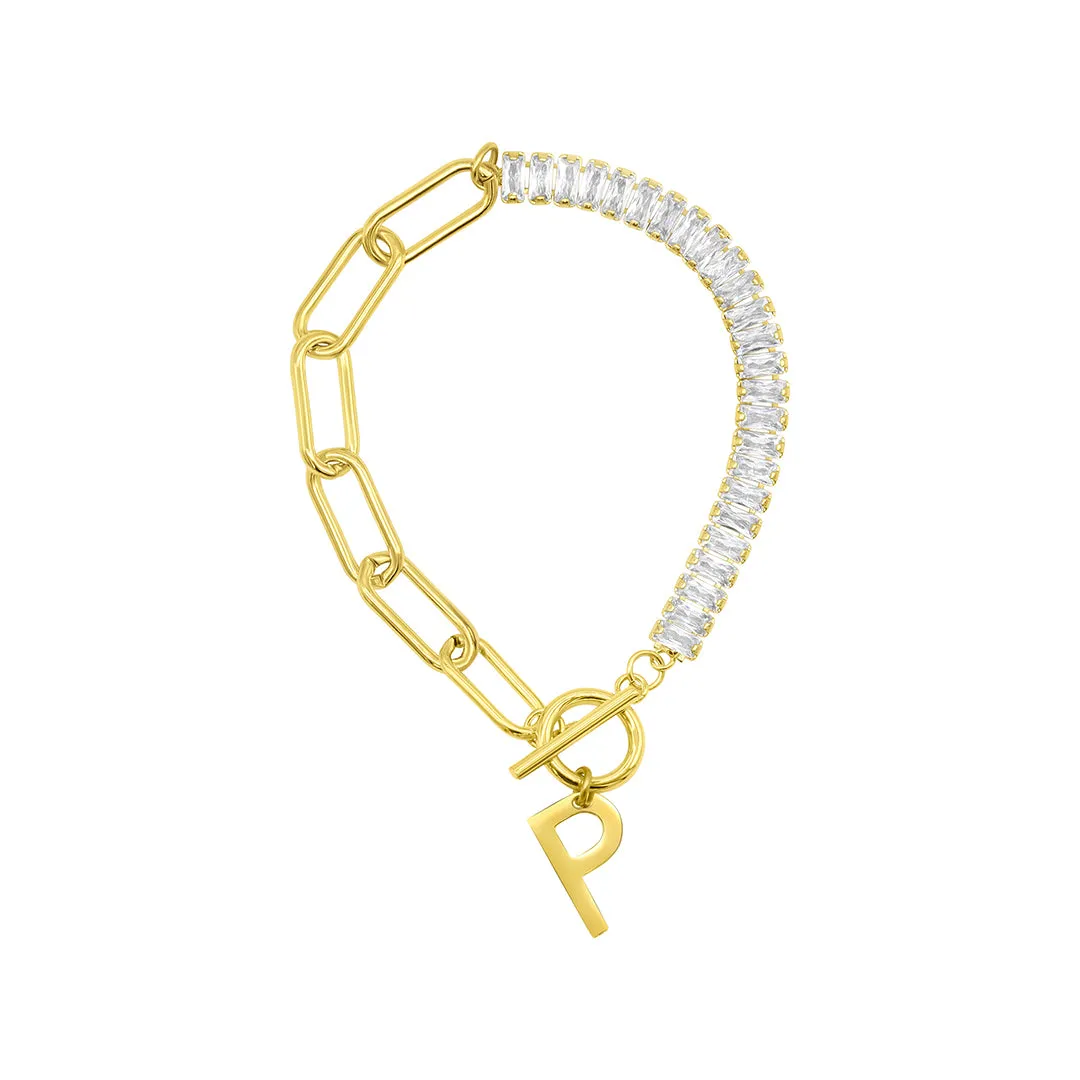 14 Gold Plated Half Crystal And Half Paperclip Initial Toggle Bracelet