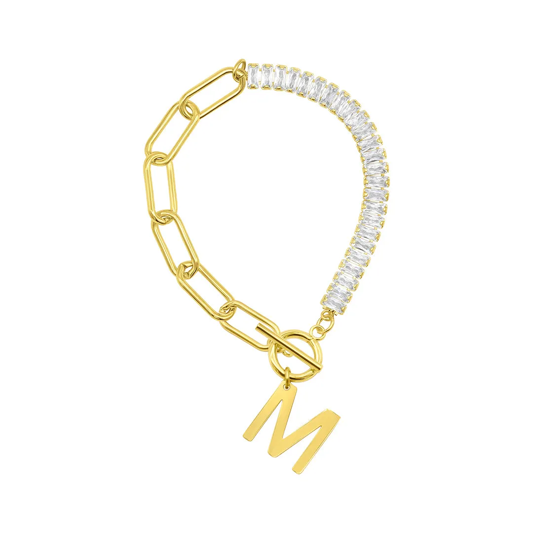 14 Gold Plated Half Crystal And Half Paperclip Initial Toggle Bracelet