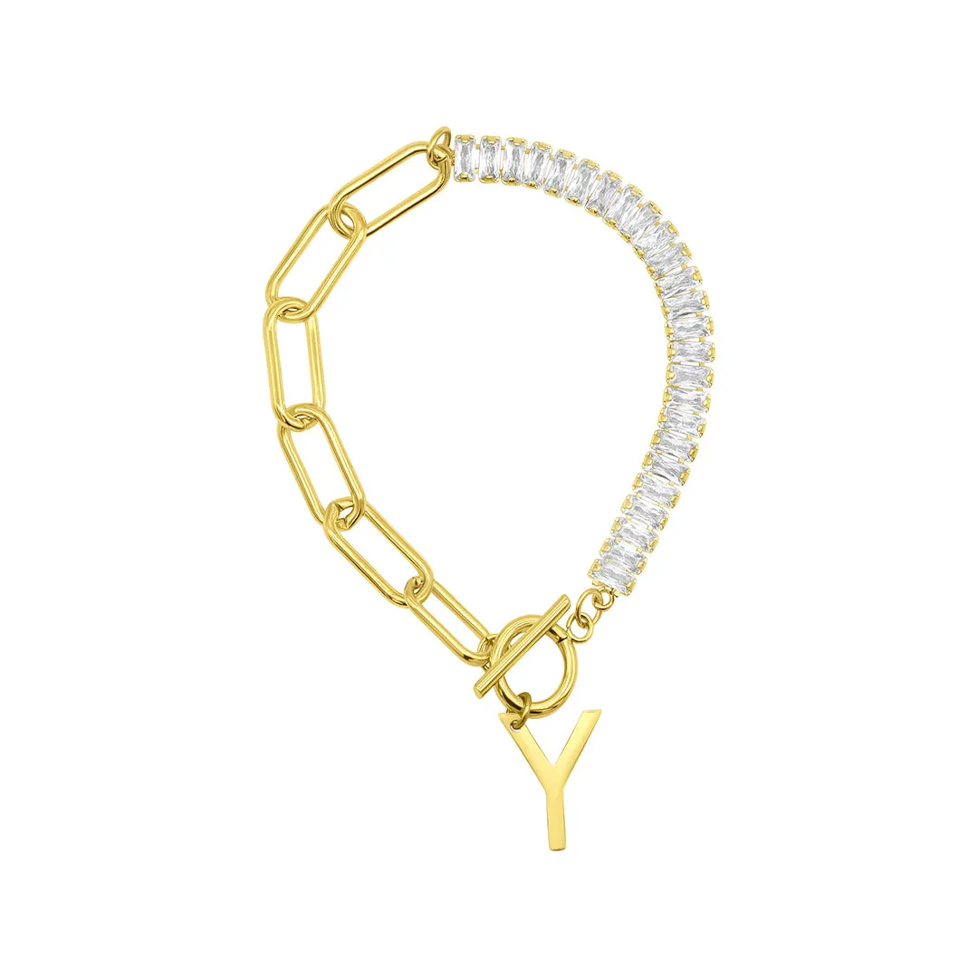 14 Gold Plated Half Crystal And Half Paperclip Initial Toggle Bracelet