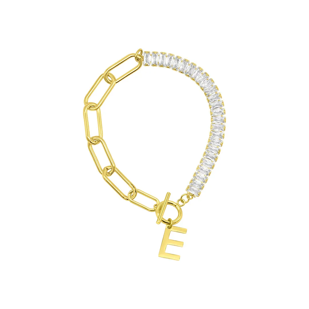 14 Gold Plated Half Crystal And Half Paperclip Initial Toggle Bracelet