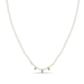 14k 3 Graduated Diamond Bezel Rice Pearl Necklace