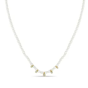 14k 5 Graduated Diamond Bezel Rice Pearl Necklace