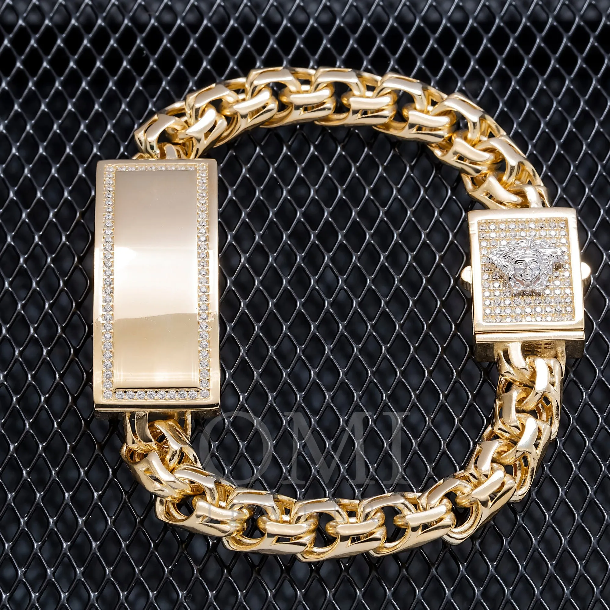 14K GOLD MEDUSA CHINO LINK CHAIN ID BRACELET 37.8G WITH DIAMONDS