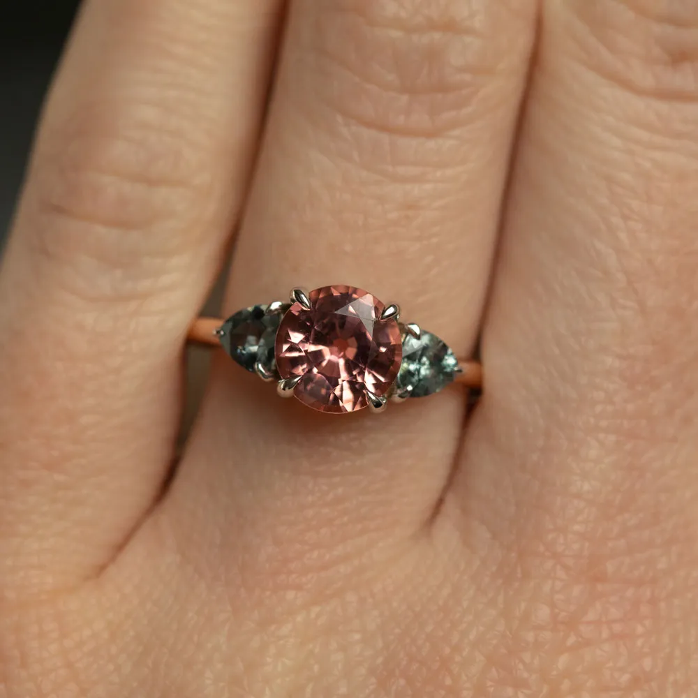 1.70ct Round Pink Tourmaline and Blue Grey Spinel Low Profile Three Stone Ring in 14k Rose and White Gold