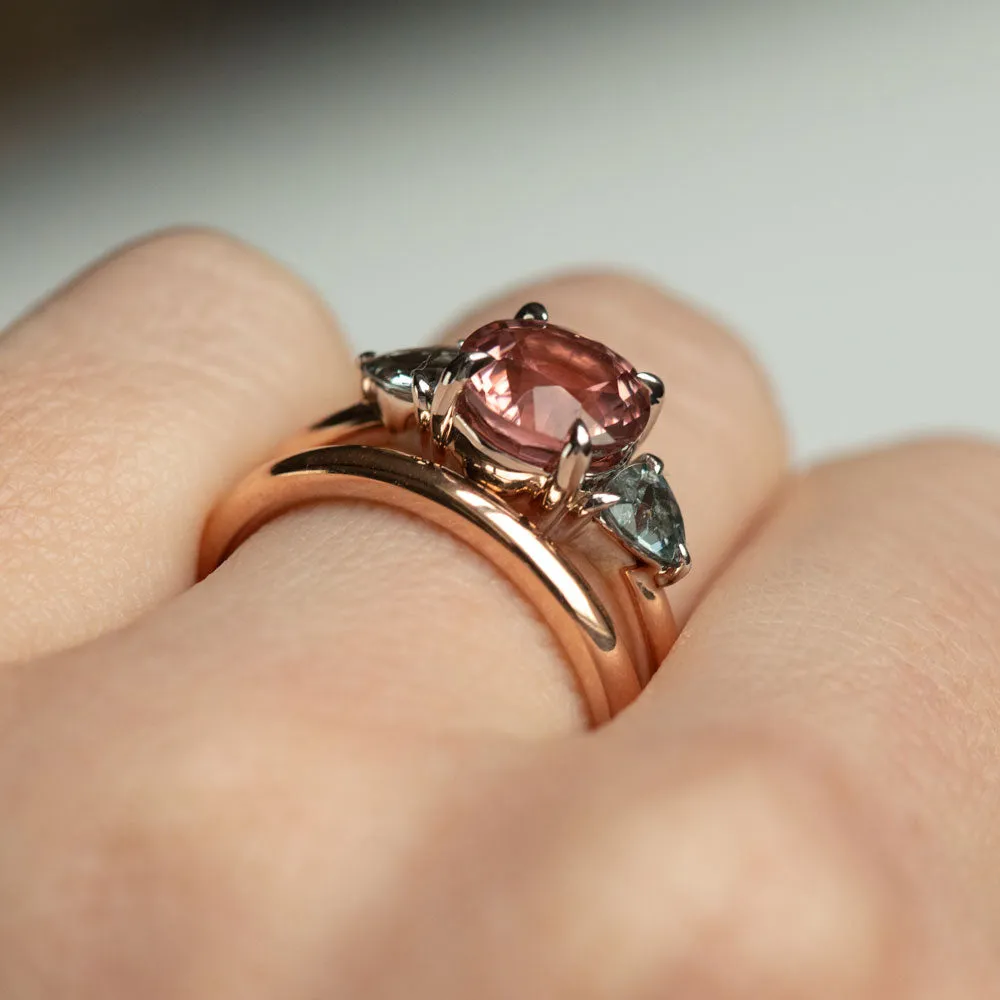 1.70ct Round Pink Tourmaline and Blue Grey Spinel Low Profile Three Stone Ring in 14k Rose and White Gold