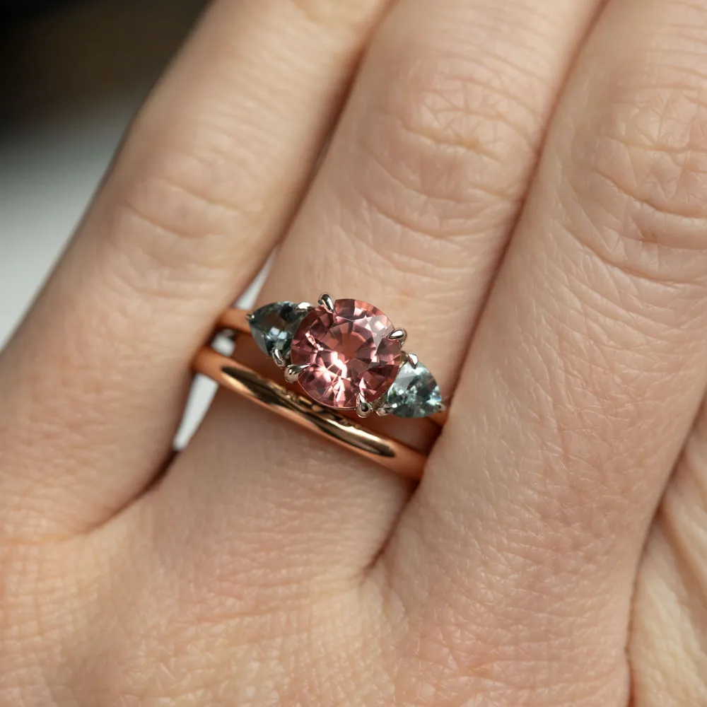 1.70ct Round Pink Tourmaline and Blue Grey Spinel Low Profile Three Stone Ring in 14k Rose and White Gold