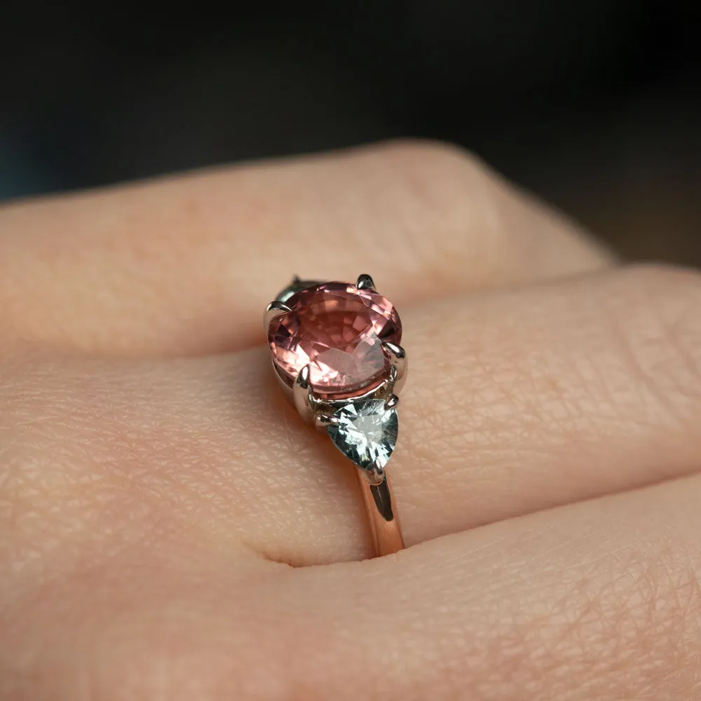 1.70ct Round Pink Tourmaline and Blue Grey Spinel Low Profile Three Stone Ring in 14k Rose and White Gold