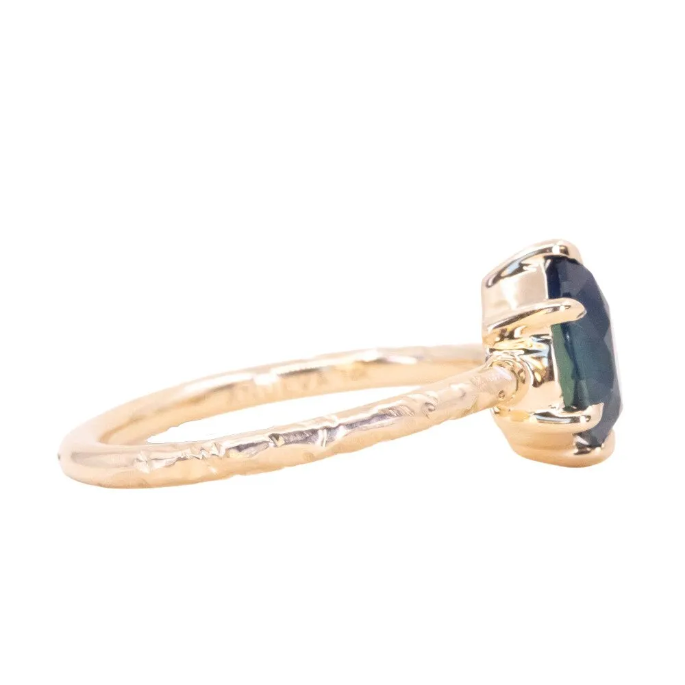 1.71ct Teal Modern Pear Sapphire Low Profile 6 Prong Evergreen Solitaire in 14k Yellow Gold