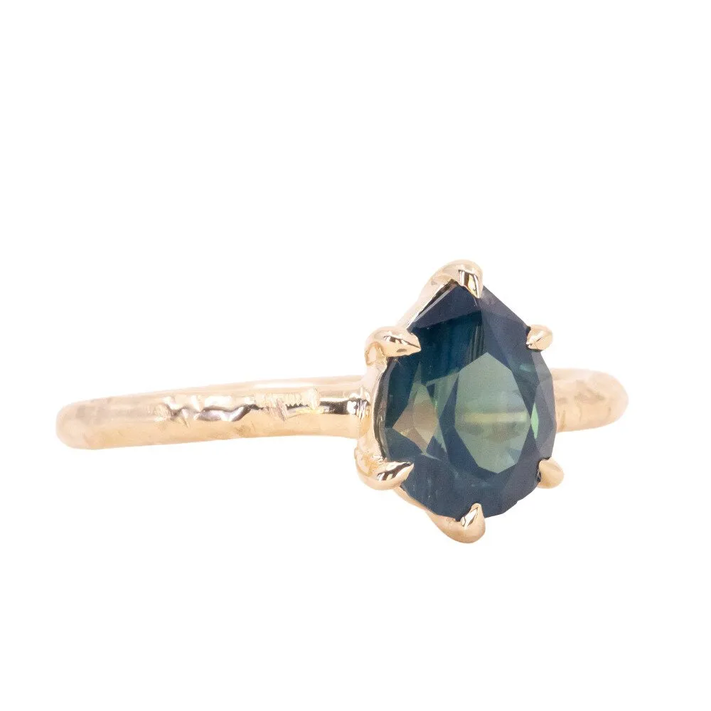 1.71ct Teal Modern Pear Sapphire Low Profile 6 Prong Evergreen Solitaire in 14k Yellow Gold