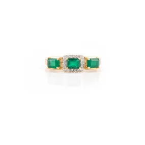 18K Gold Emerald Diamond Halo Trinity Ring