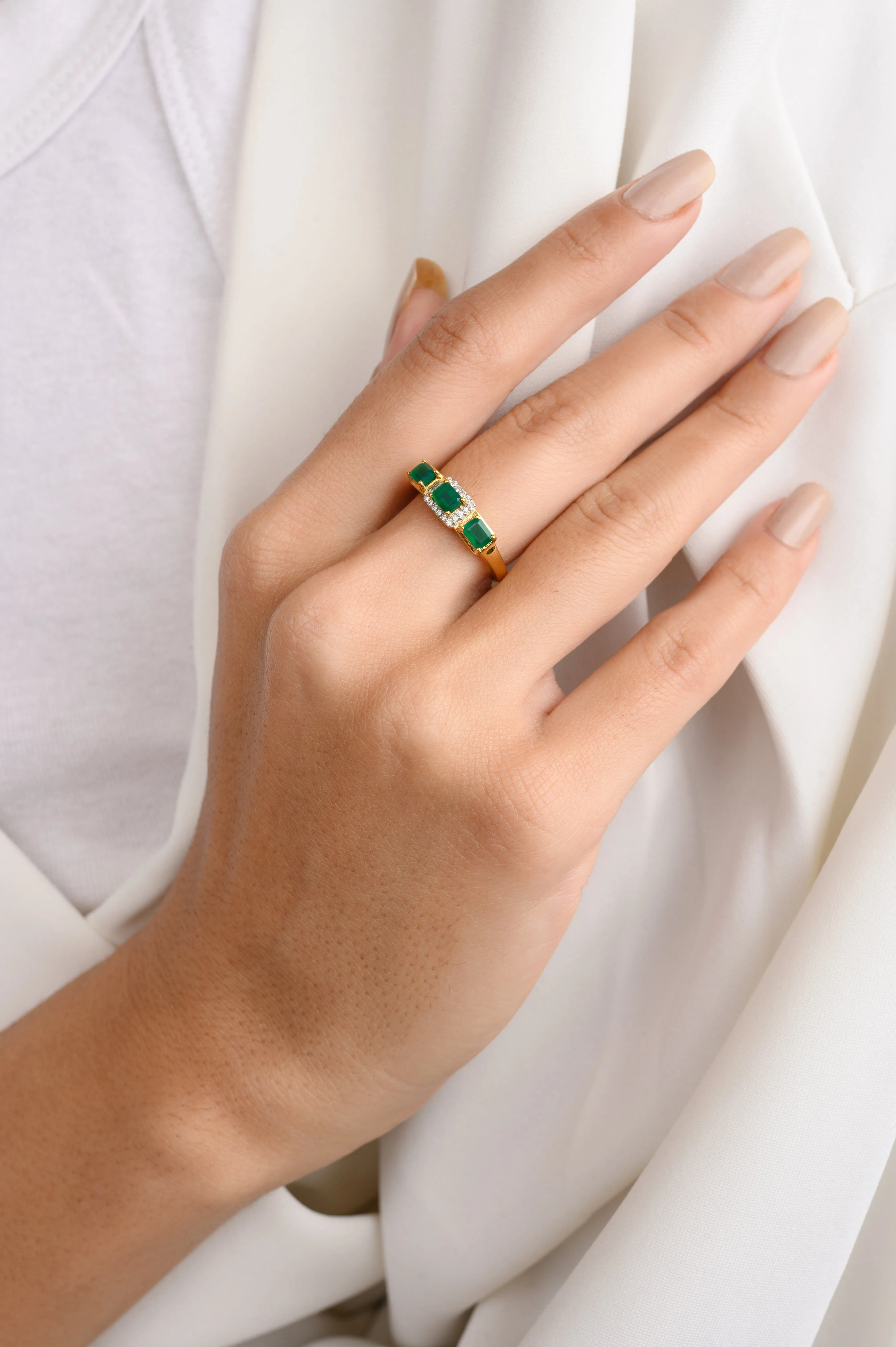 18K Gold Emerald Diamond Halo Trinity Ring