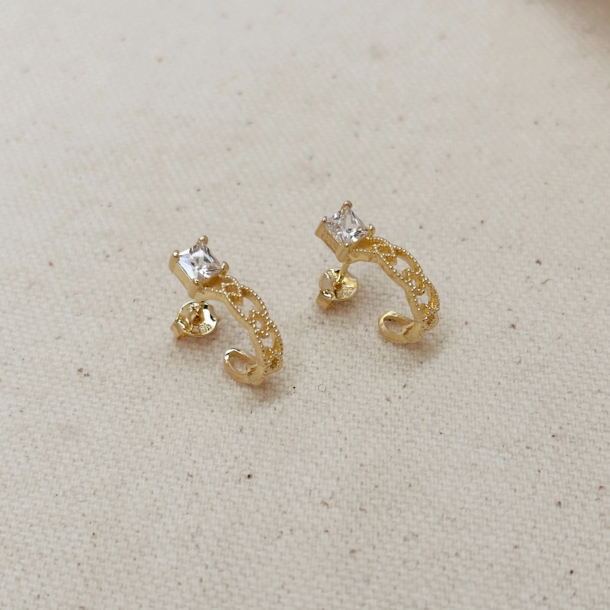 18k Gold Filled Vintage Princess Cut CZ Detailed C-Hoop Earrings