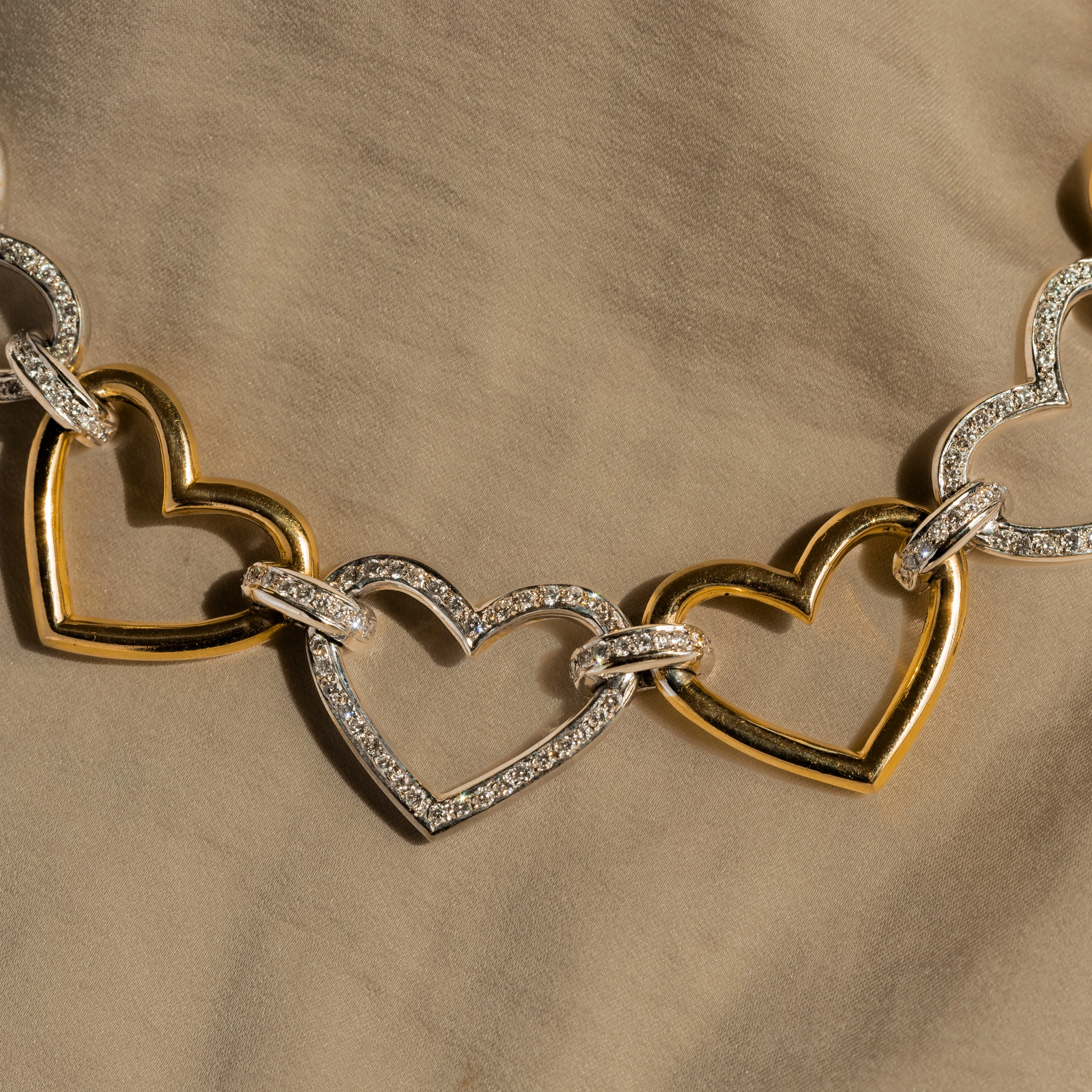 18K Gold Two Tone Diamond Heart Link Choker Necklace