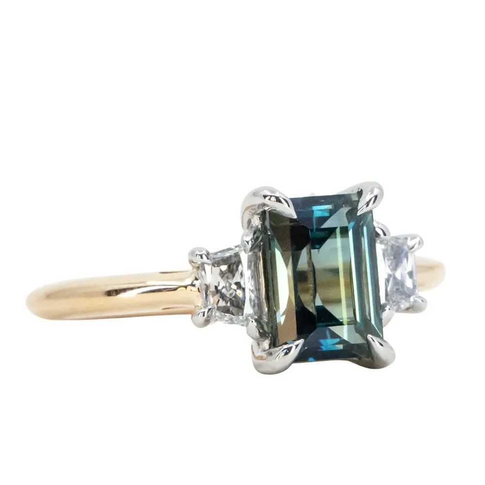 2.01ct Parti Teal Baguette Sapphire and Trapezoid Cut Diamond Low Profile Three Stone Ring in Platinum and 18k Yellow Gold