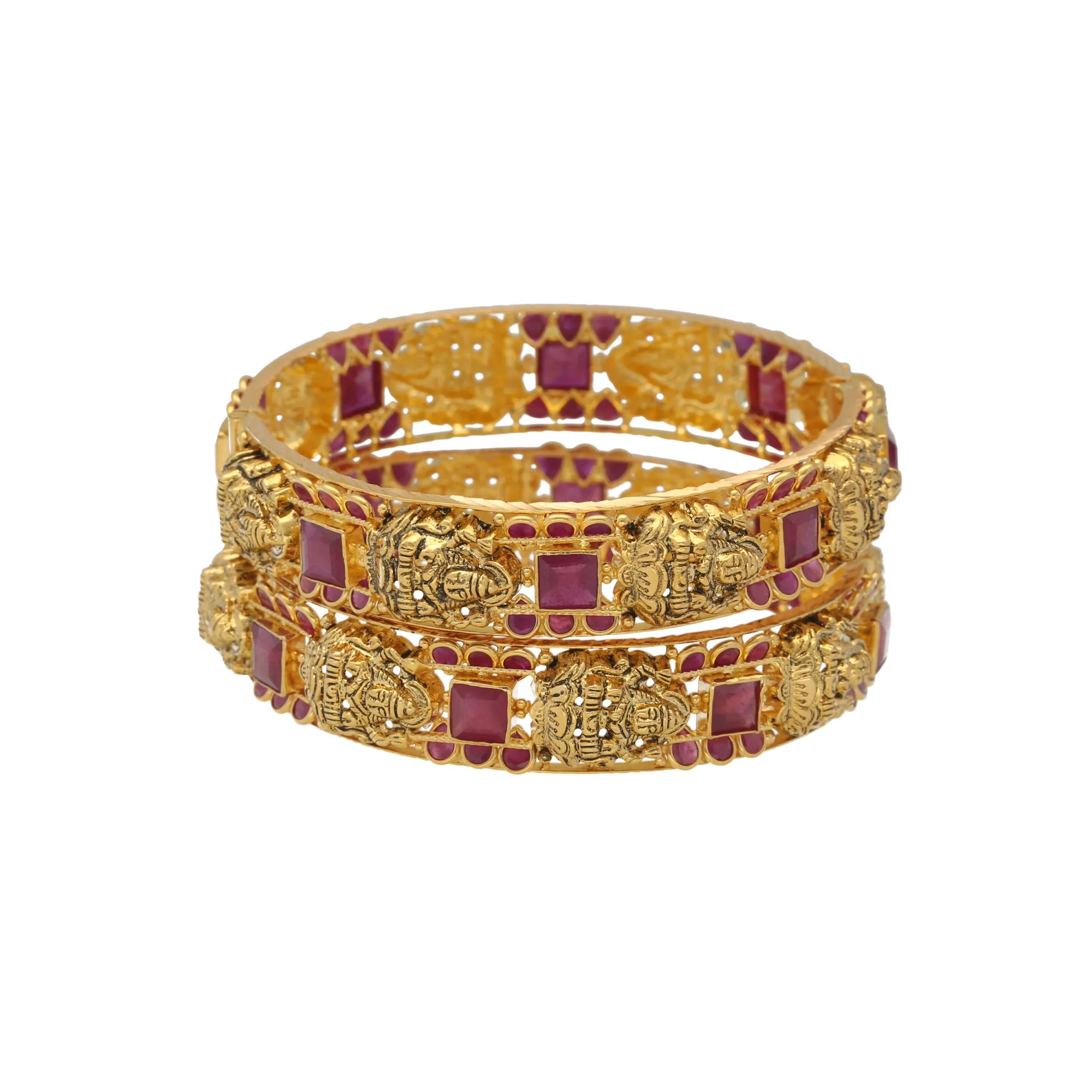 22K Yellow Gold & Ruby Temple Bangle Set (56.8gm)