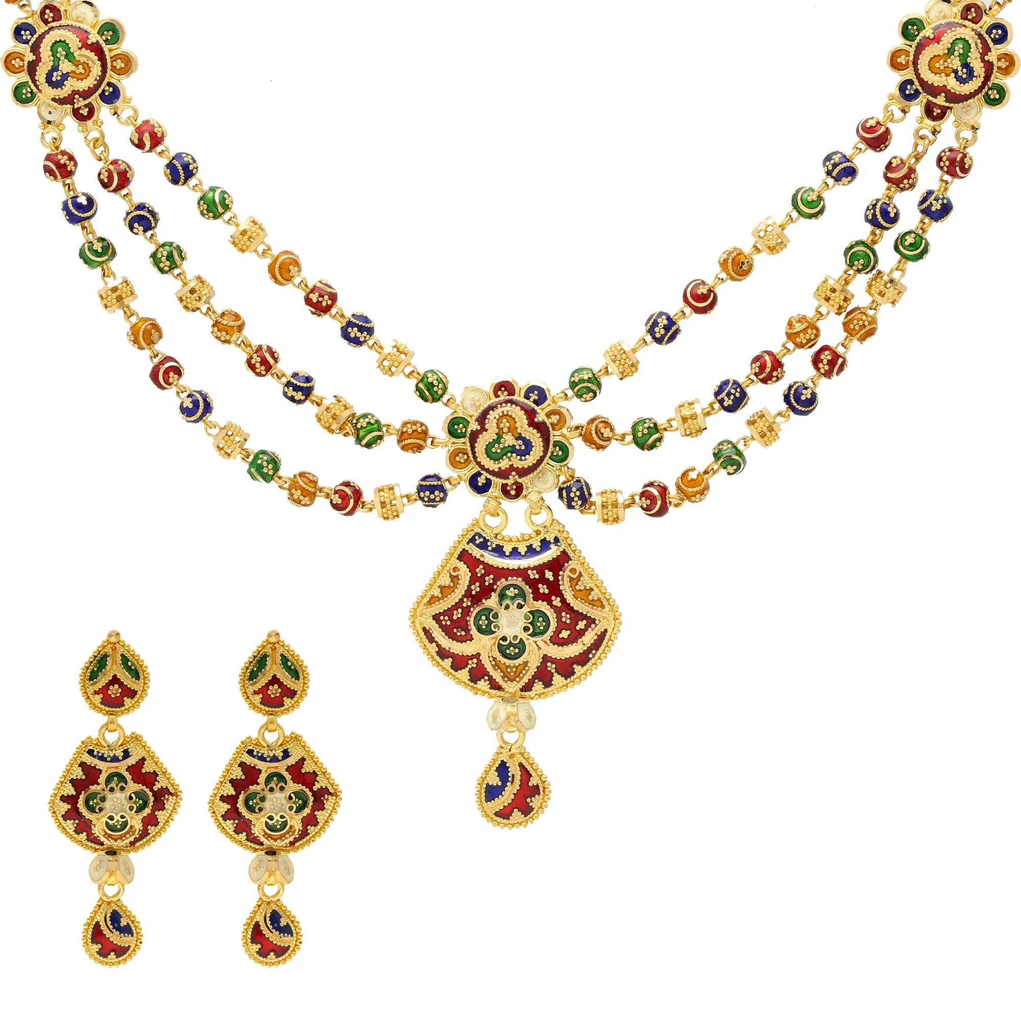 22K Yellow Gold Meenakari Pendant Set (58.2gm)