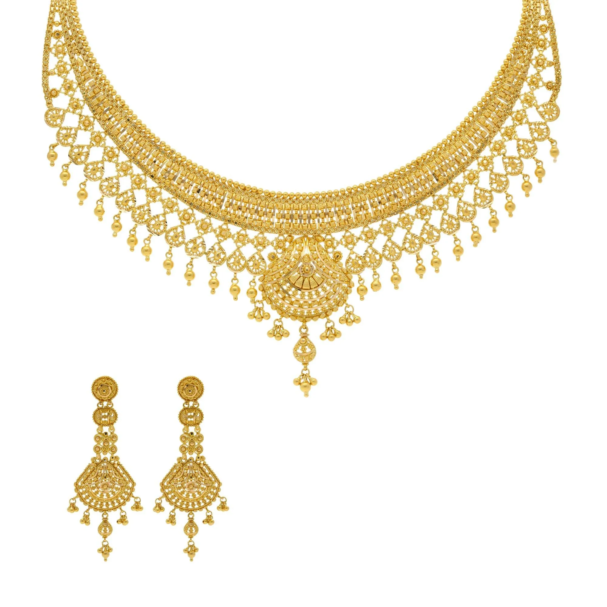 22K Yellow Gold Necklace & Earrings Set w/ Light fixture collar