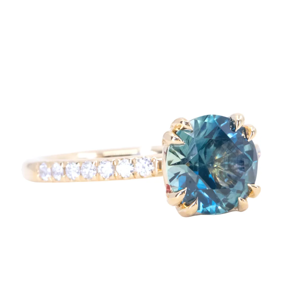 2.49ct Round Teal Blue Montana Sapphire Double Claw Prong Solitaire with French Diamonds in 18k Yellow Gold