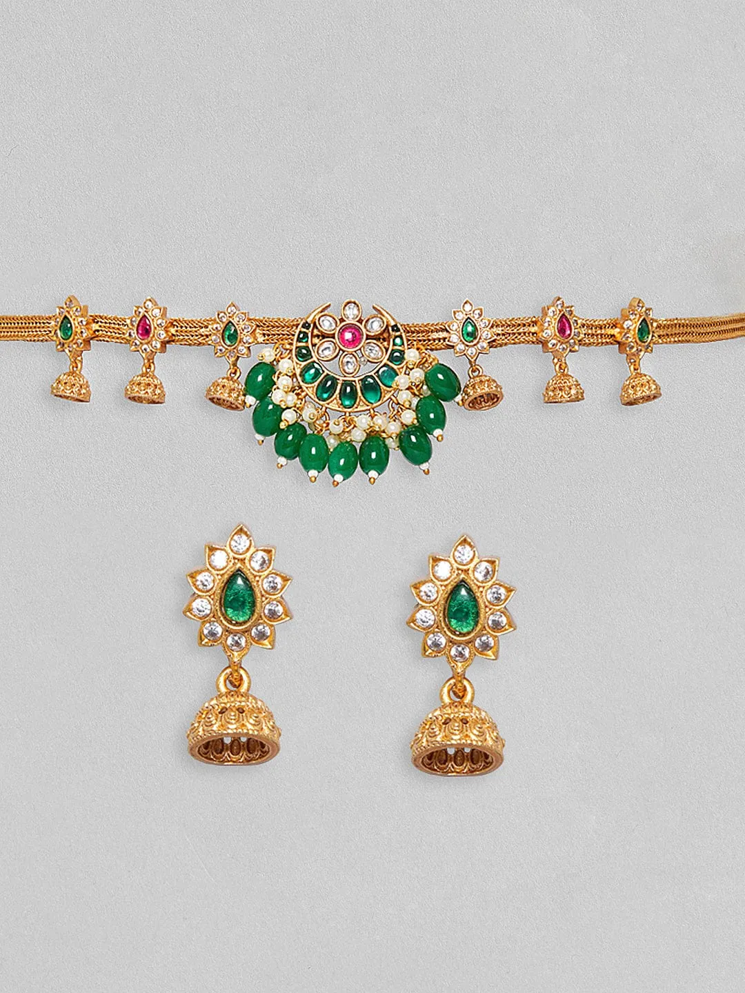 24K Gold Plated Green & Pink Artificial Stones & Beads-Studded Jewellery Set