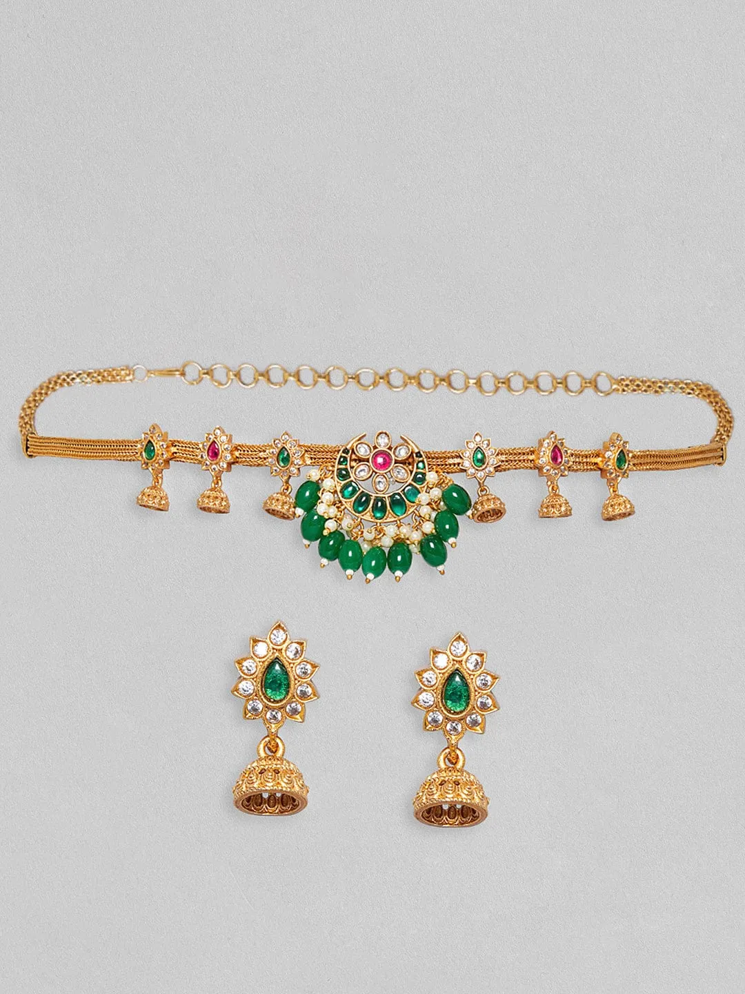 24K Gold Plated Green & Pink Artificial Stones & Beads-Studded Jewellery Set