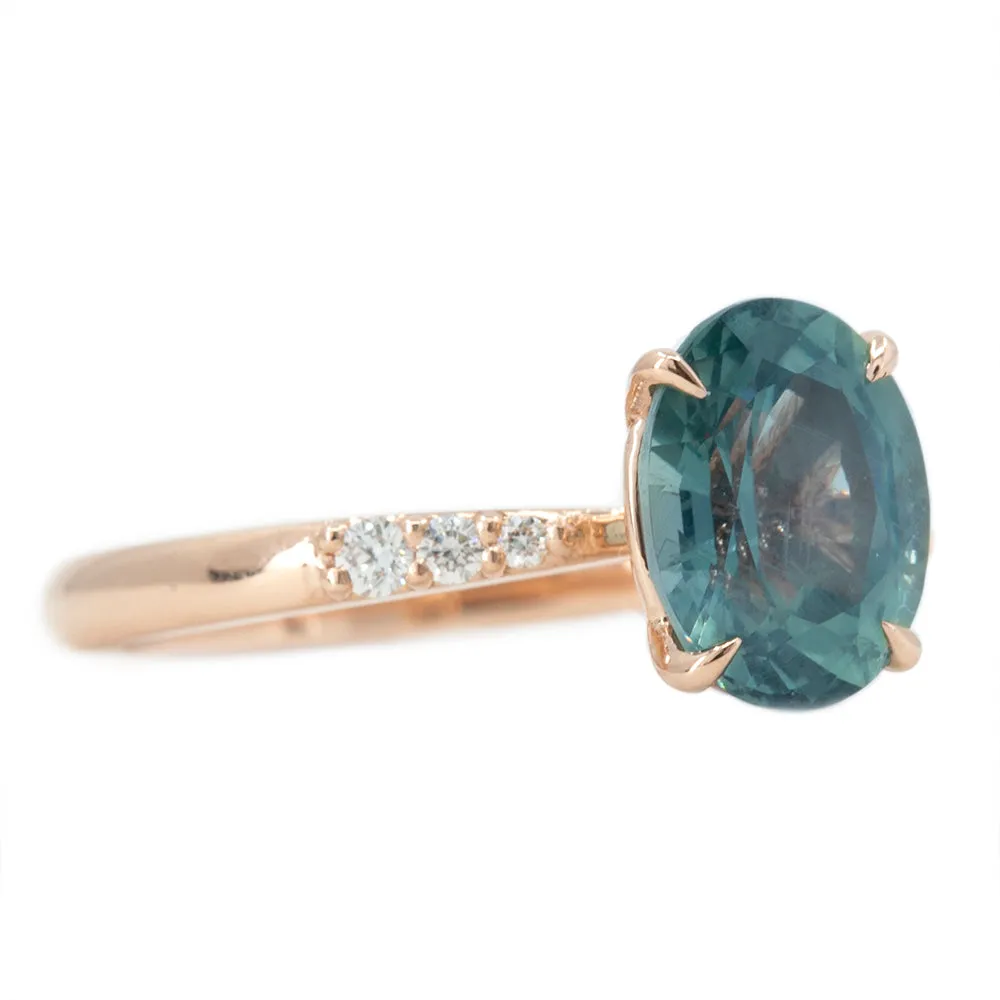 2.50ct Teal Montana Sapphire Solitaire with Tapered Diamonds in 14k Rose Gold