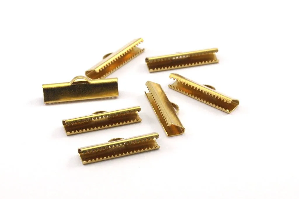 25mm Choker End, 20 Raw Brass Ribbon Crimp Ends With Loop, Findings (25x6mm) Brs 2329 A0040