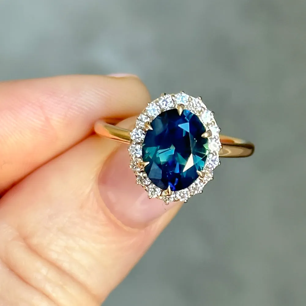 3.15ct Oval Blue Untreated Nigerian Sapphire Antique-Style Diamond Halo Ring in 18k Yellow Gold