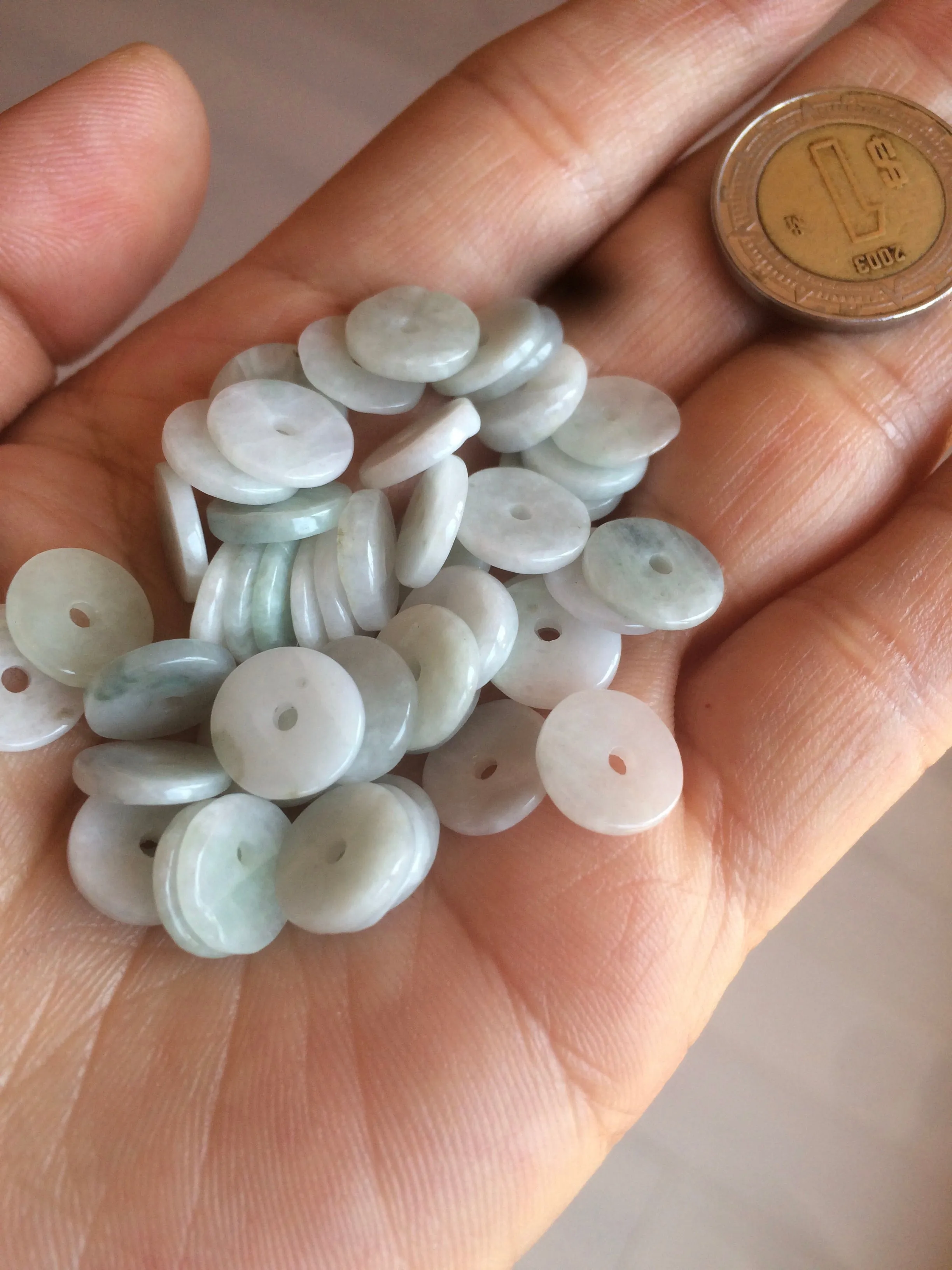 50 pieces of 100% Natural light green/white Jadeite Jade small safety button beads AS79 (supply)