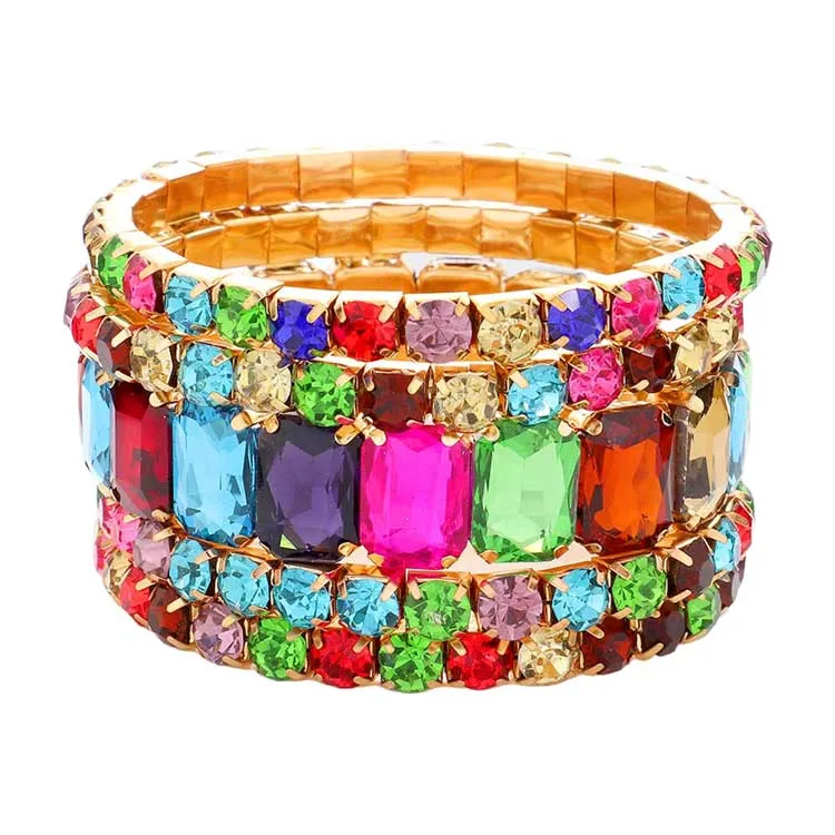 5Pcs Rectangle Round Stone Stretch Multi Layered Bracelets