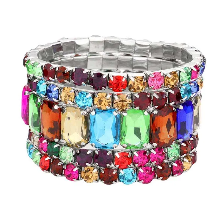 5Pcs Rectangle Round Stone Stretch Multi Layered Bracelets