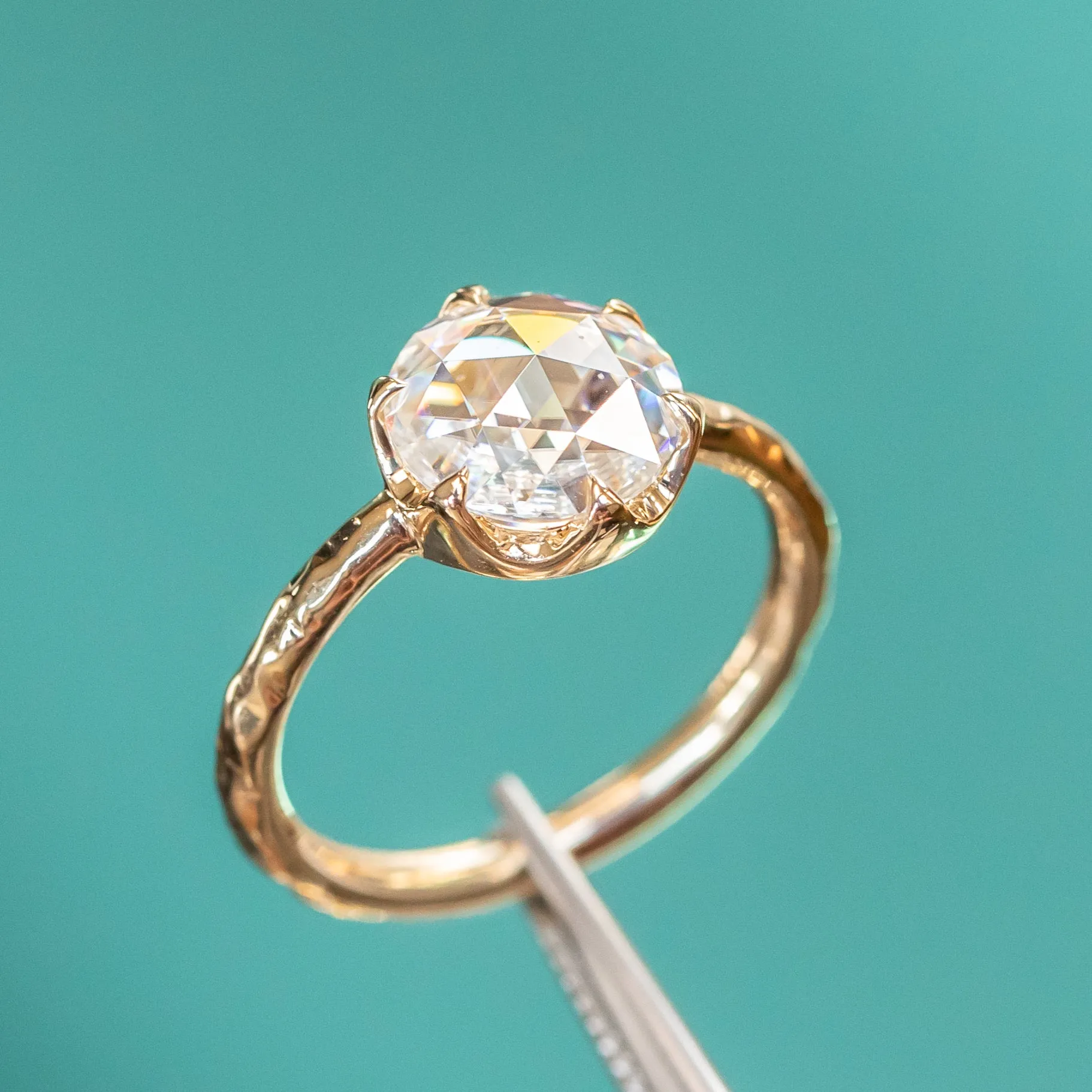 8.5mm Rosecut Moissanite 6-Prong Low Profile Ring with Carved Evergreen Band in 14K Yellow Gold