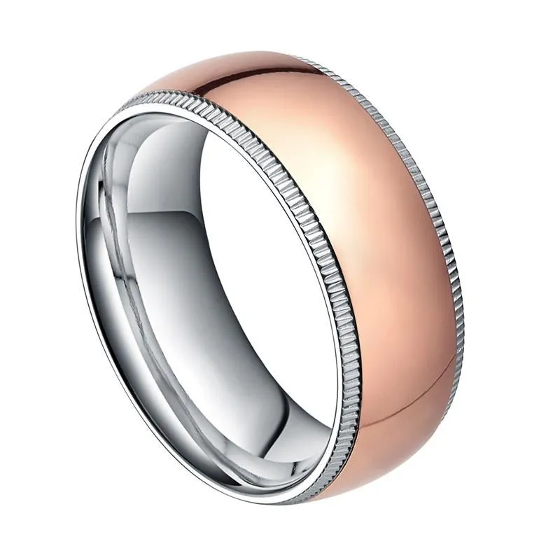 8mm Polished Domed with Grooved Edges Rose-Gold-Plated Titanium Fashion Wedding Band