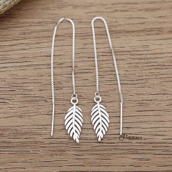 925 Sterling Silver Leaf Long Chain Threader Earrings