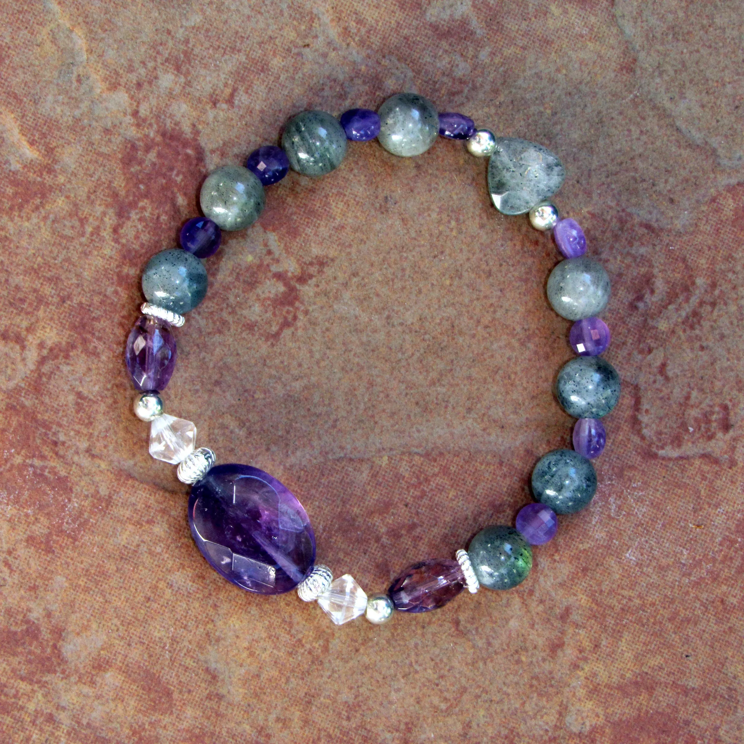 Amethyst Gemstones and Labradorite Heart, Clear Quartz,  Stretch Bracelet w/ Sterling Silver