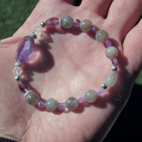 Amethyst Gemstones and Labradorite Heart, Clear Quartz,  Stretch Bracelet w/ Sterling Silver