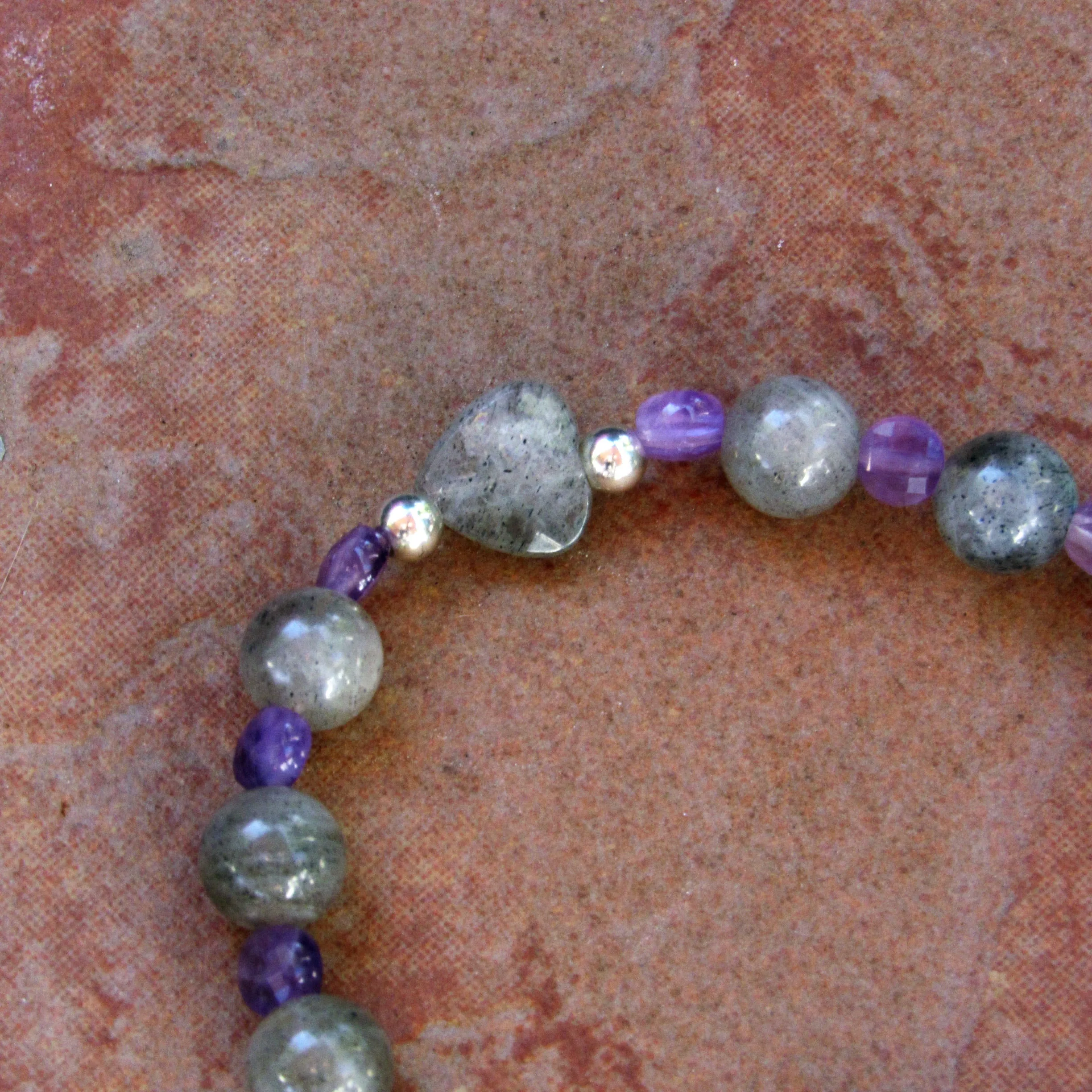 Amethyst Gemstones and Labradorite Heart, Clear Quartz,  Stretch Bracelet w/ Sterling Silver