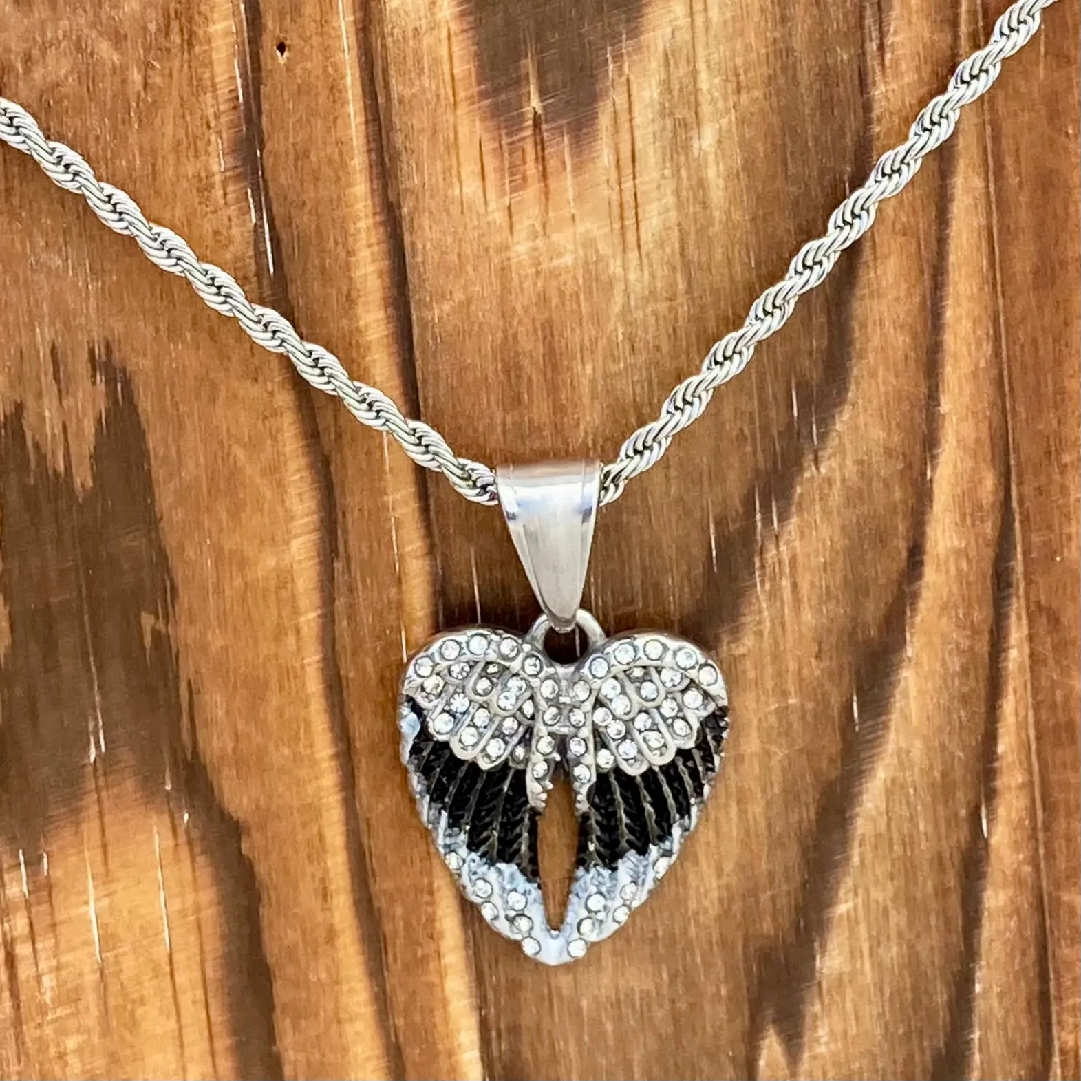 Angel Wing Heart Mini - Pendant - Rope Necklace - Black w/White Stones - SK2537C