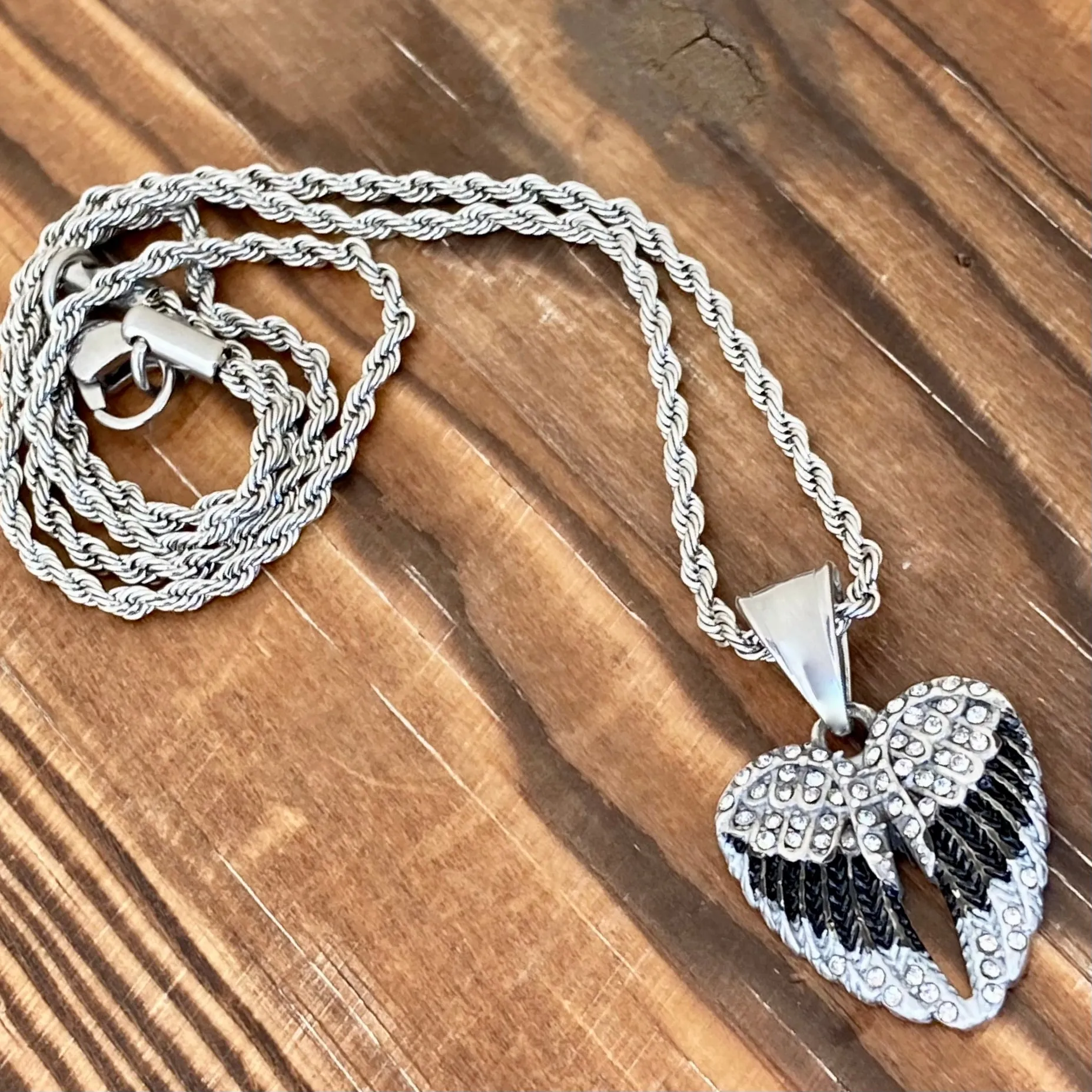 Angel Wing Heart Mini - Pendant - Rope Necklace - Black w/White Stones - SK2537C