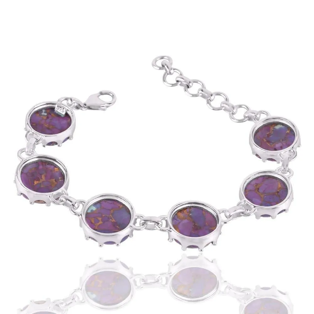 Artisans Design Natural Purple Copper Turquoise Gemstone 925 Sterling Silver Cluster Bracelet