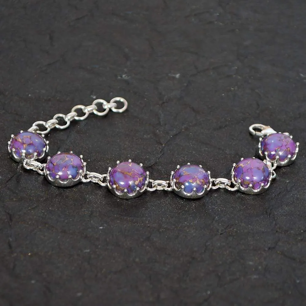 Artisans Design Natural Purple Copper Turquoise Gemstone 925 Sterling Silver Cluster Bracelet