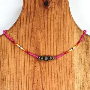 Aztec Seed Beaded Choker Necklace with Silver Beads in Pink