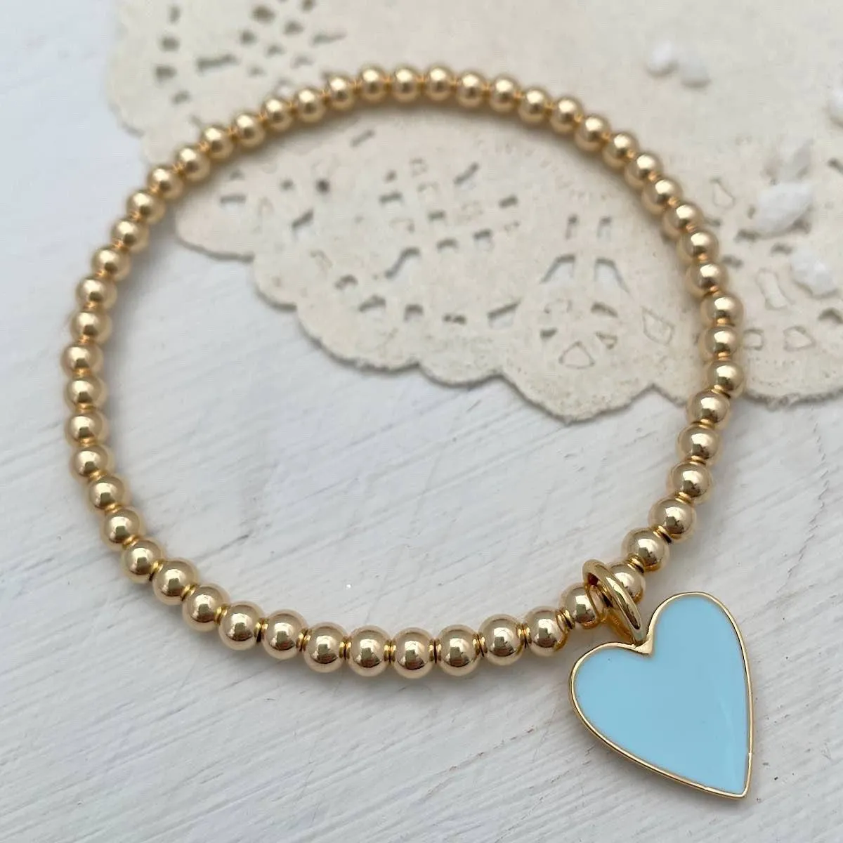 Baby Blue Enamel Heart Bead Bracelet Gold Fill