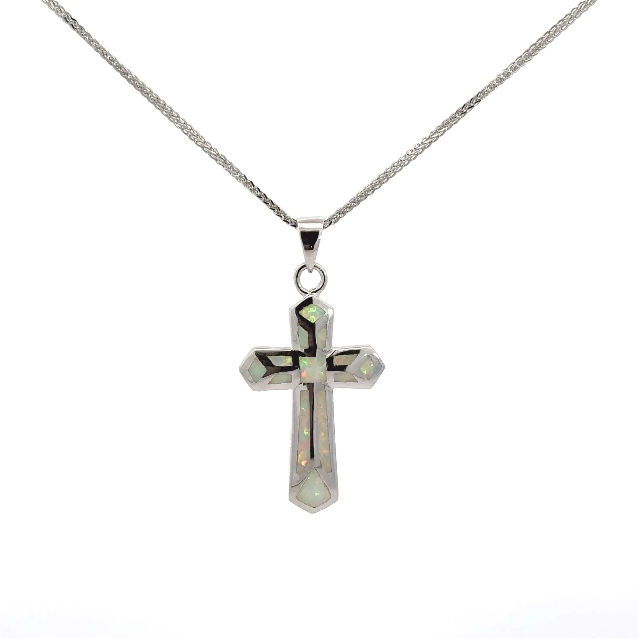 Baikalla Sterling Silver Lab-Created Opal Cross Bezel Pendant Necklace